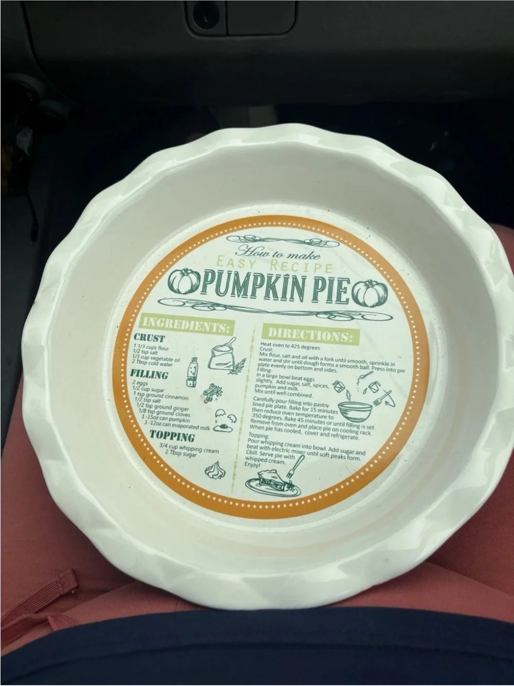 Ceramic Pumpkin Pie Recipe Pie Dish 10” Fluted Baking Plate Thanksgiving